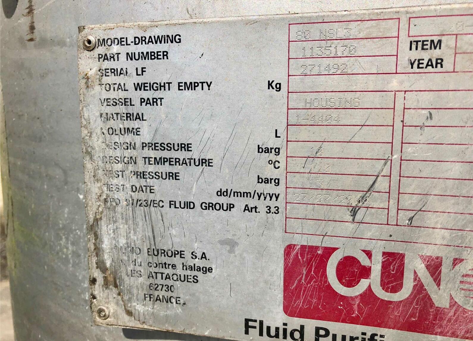 Filtre a  cartouche CUNO - Volume (estimatif) : 1000 litres