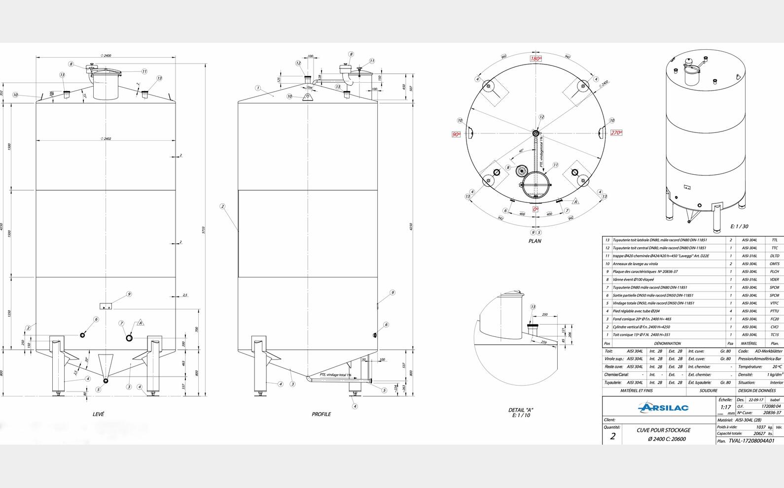 cuve INOX 304L ferm&eacute;e sur pieds MATERIEL NEUF