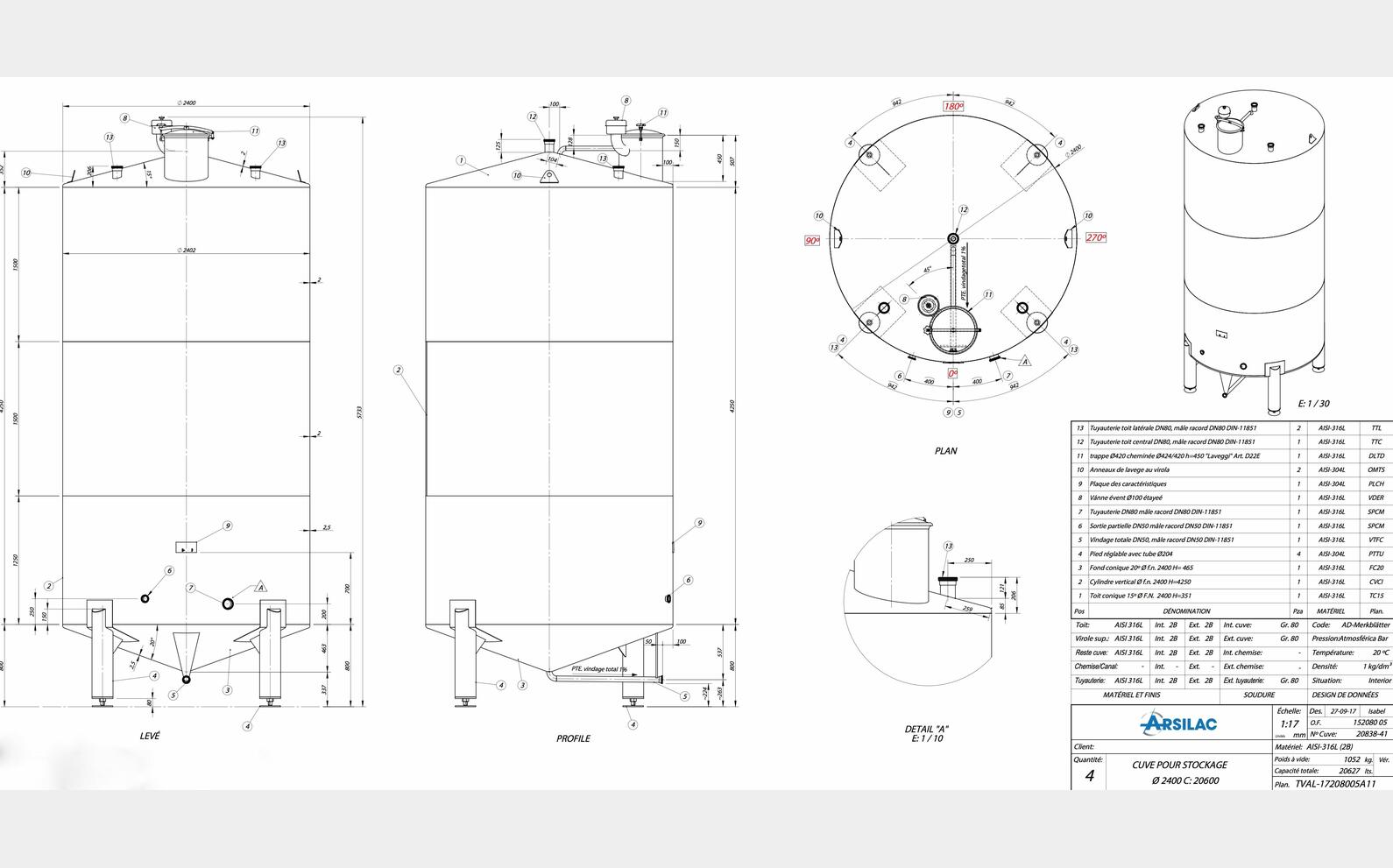 cuve INOX 316L ferm&eacute;e sur pieds MATERIEL NEUF