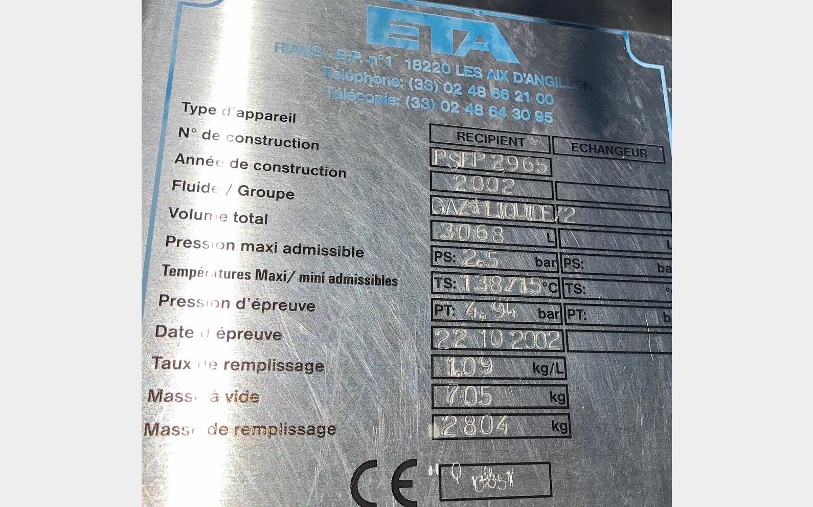 Cuve stockage INOX 316L Marque : ETA Ann&eacute;e : 2002