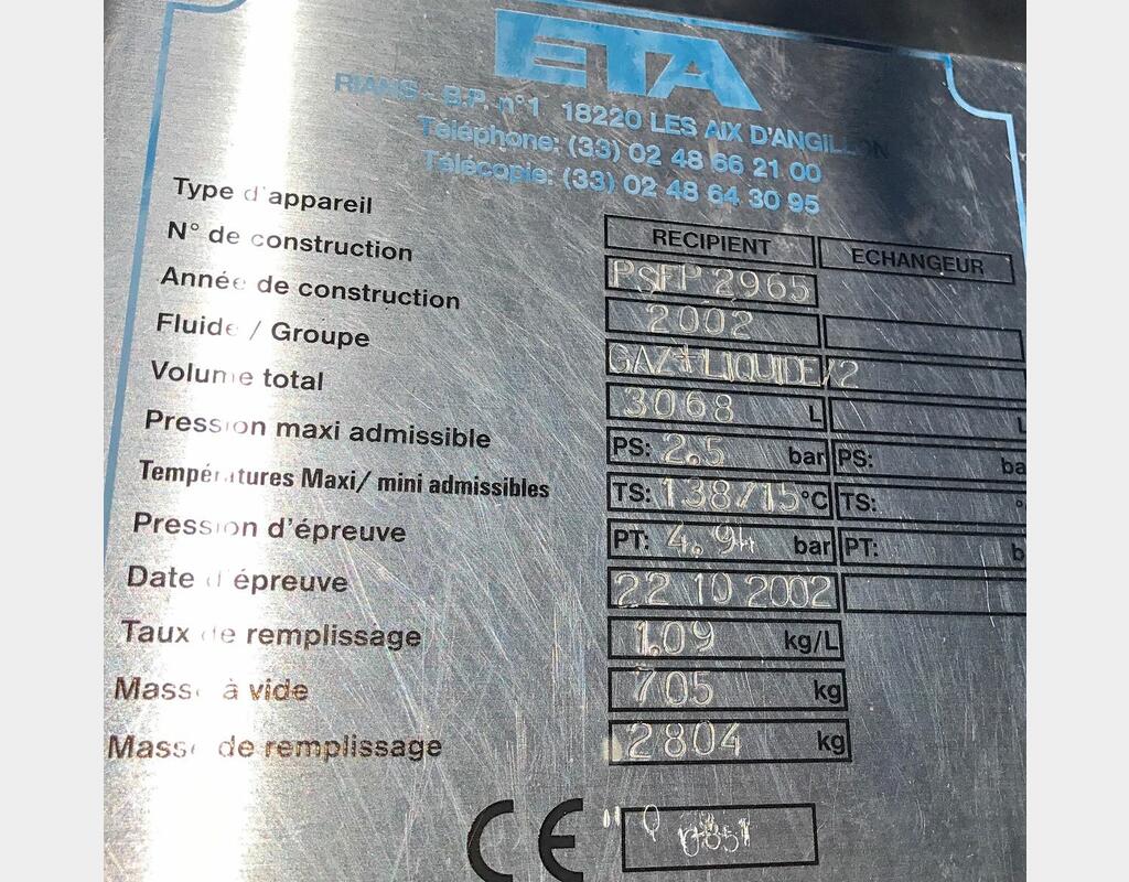 Cuve de stockage en inox 316L - Volume : 3000 litres