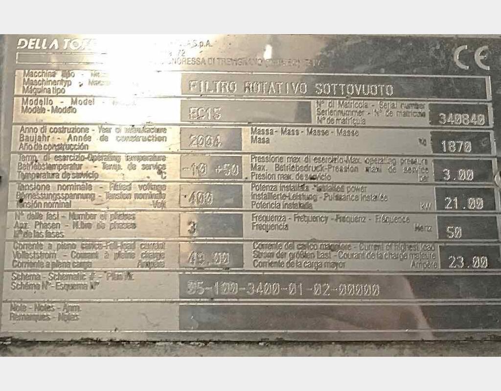 Filtre rotatif sous vide de 15 m2 - Marque : DELLA TOFFOLA