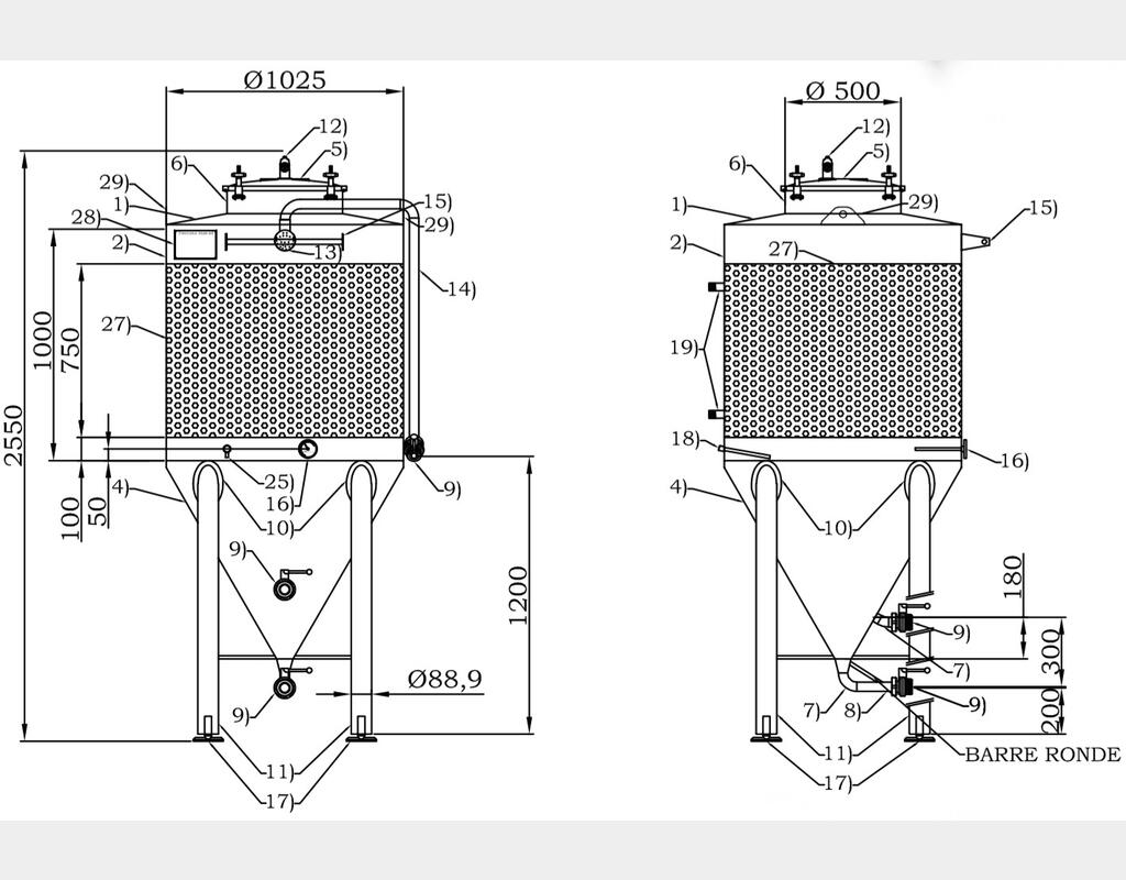 Cuve fermée sur pieds INOX 304 - Cylindro-conique de 1200 litres