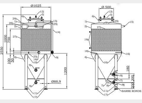 Cuve fermée sur pieds INOX 304 - Cylindro-conique de 1200 litres