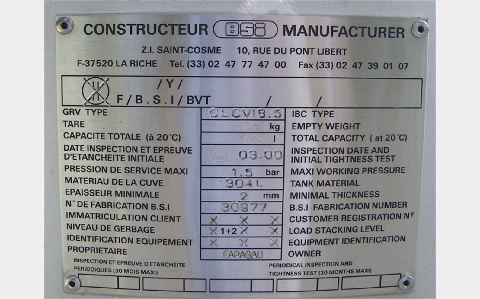 conteneur INOX 304L 850 litres