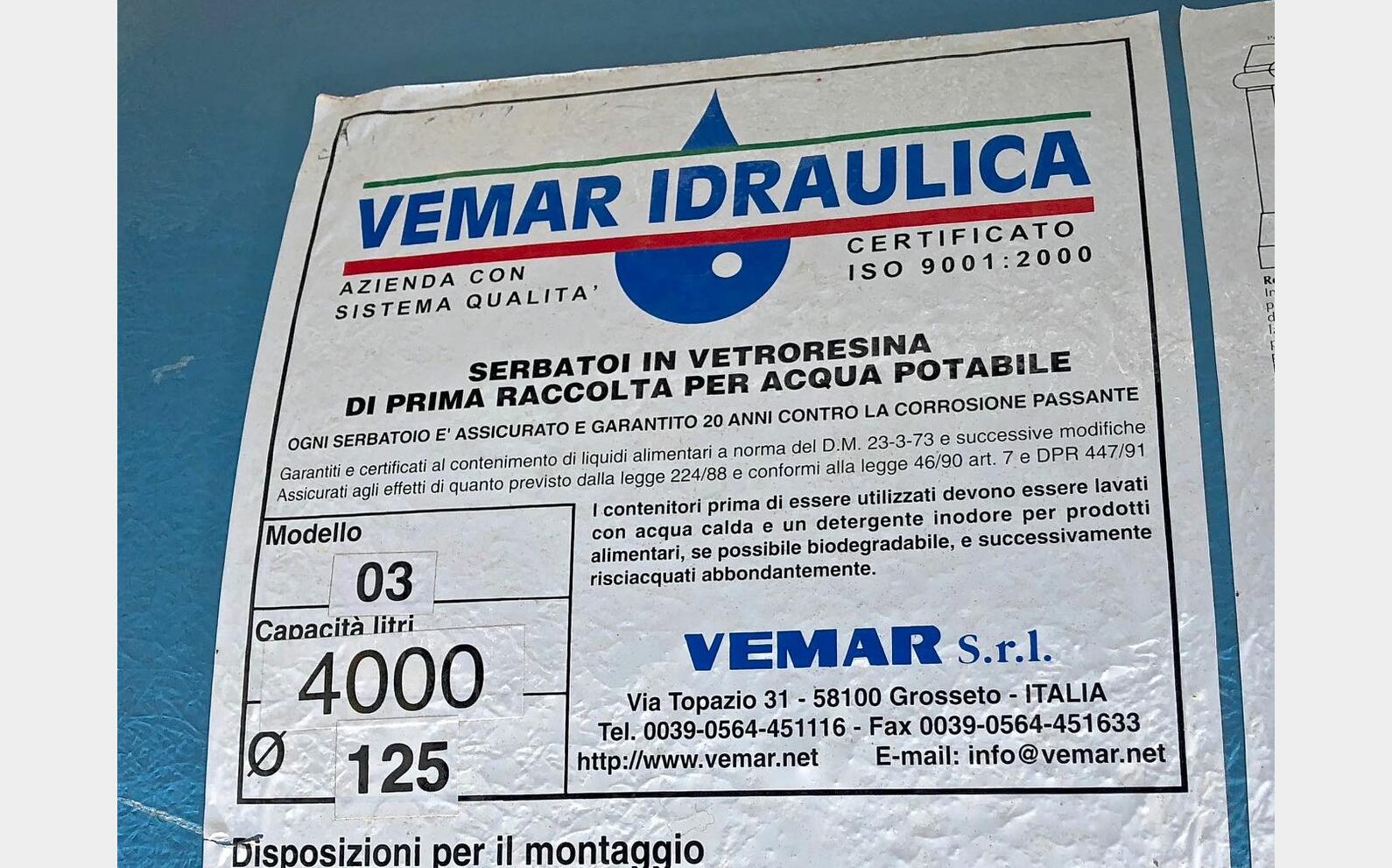Cuve fibre enterrable eau potable MATERIEL NEUF Marque : VEMAR