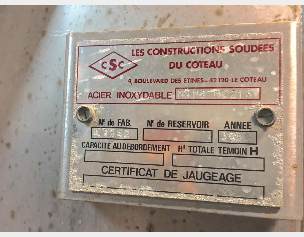 Cuve inox fermée isolée - Volume : 200 hls (20 000 litres)