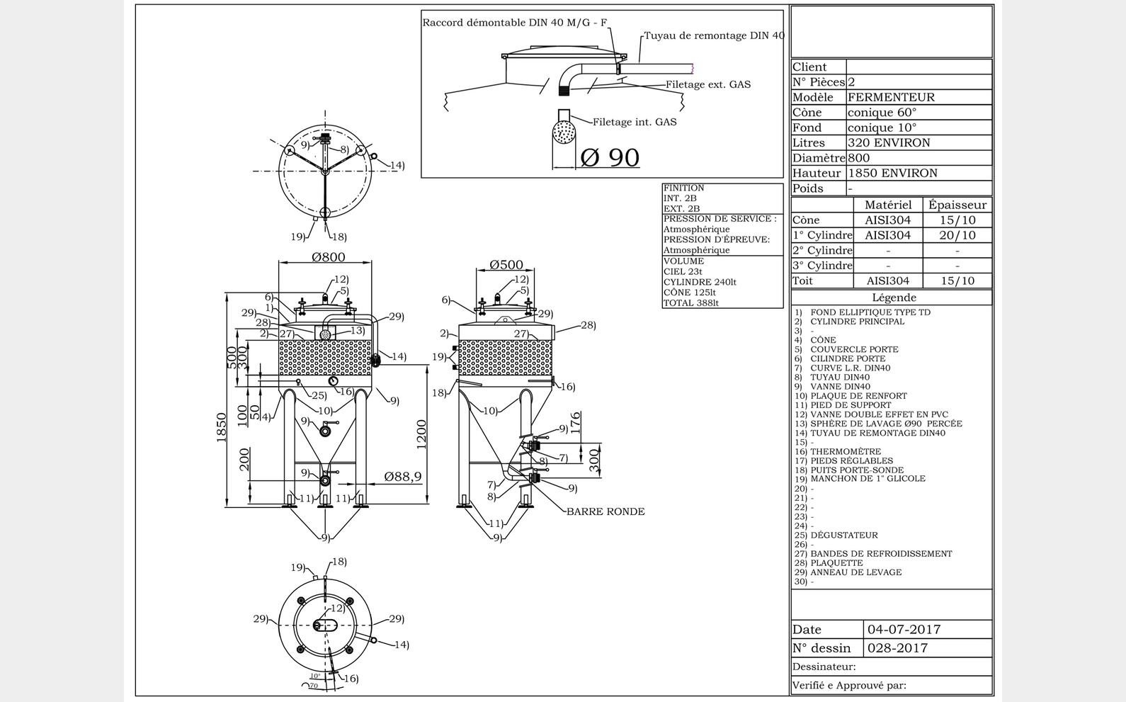 Closed tank on cylindrical conical feet 3.2 HL (320 liters) ARSILAC