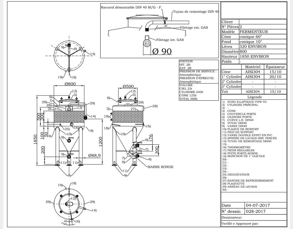 304 stainless steel vat - Closed on feet - Cylindro-conical