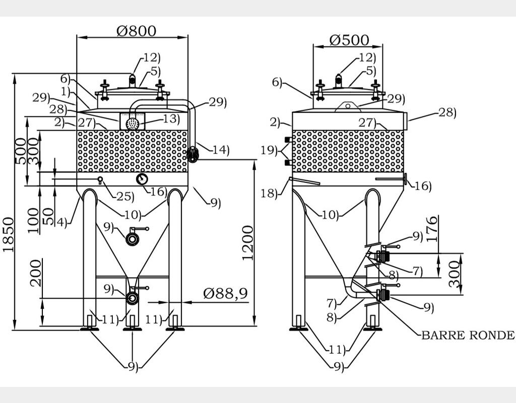 Cuve inox 304 - Fermée sur pieds  - Cylindro-conique