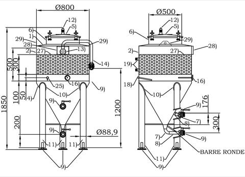 304 stainless steel vat - Closed on feet - Cylindro-conical