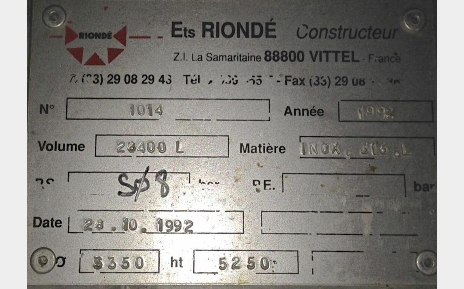 Cuve inox 316L - Agit&eacute;e 280 HL (28 000 Litres)