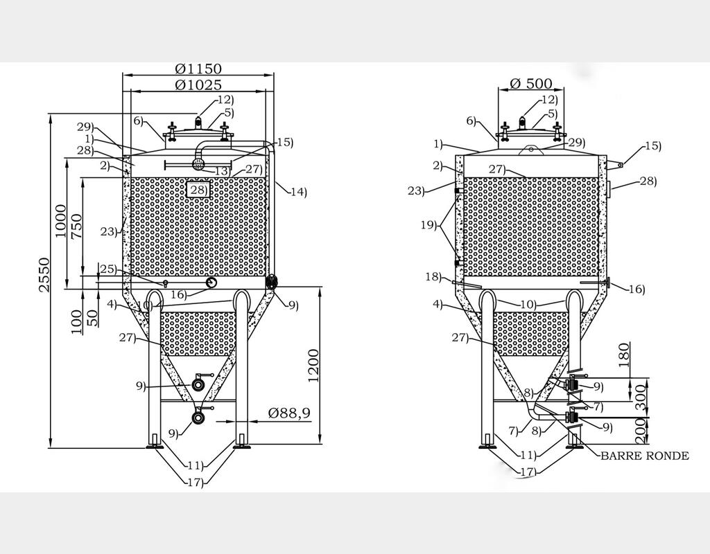 Cuve isolée inox 304 - Ceint. de refroid - Cylindro-conique - Sur pieds