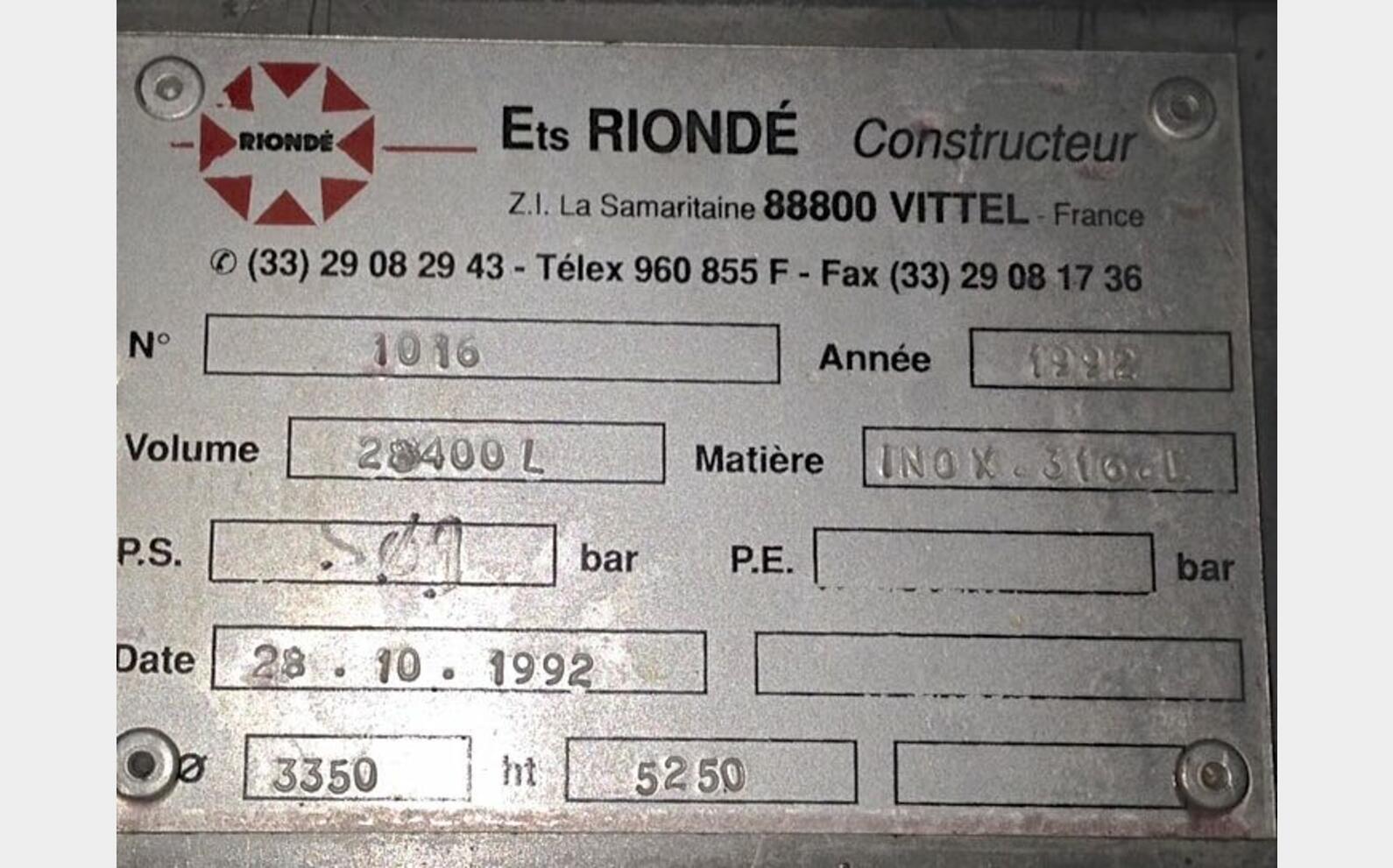 Cuve inox 316L - Agit&eacute;e 280 HL (28 000 Litres)