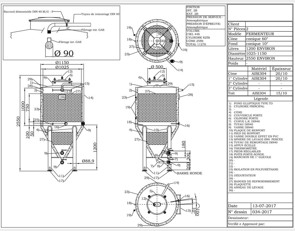 Cuve isolée inox 304 - Ceint. de refroid - Cylindro-conique - Sur pieds