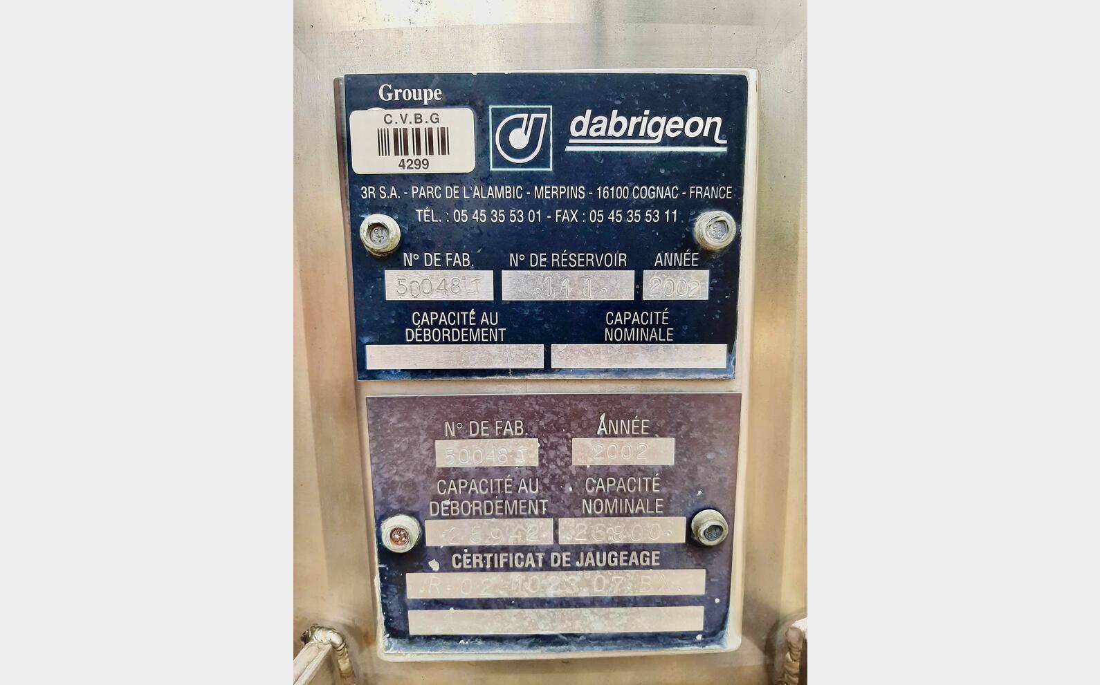 Stainless steel tank - On feet 260 HL (26 000 liters) DABRIGEON