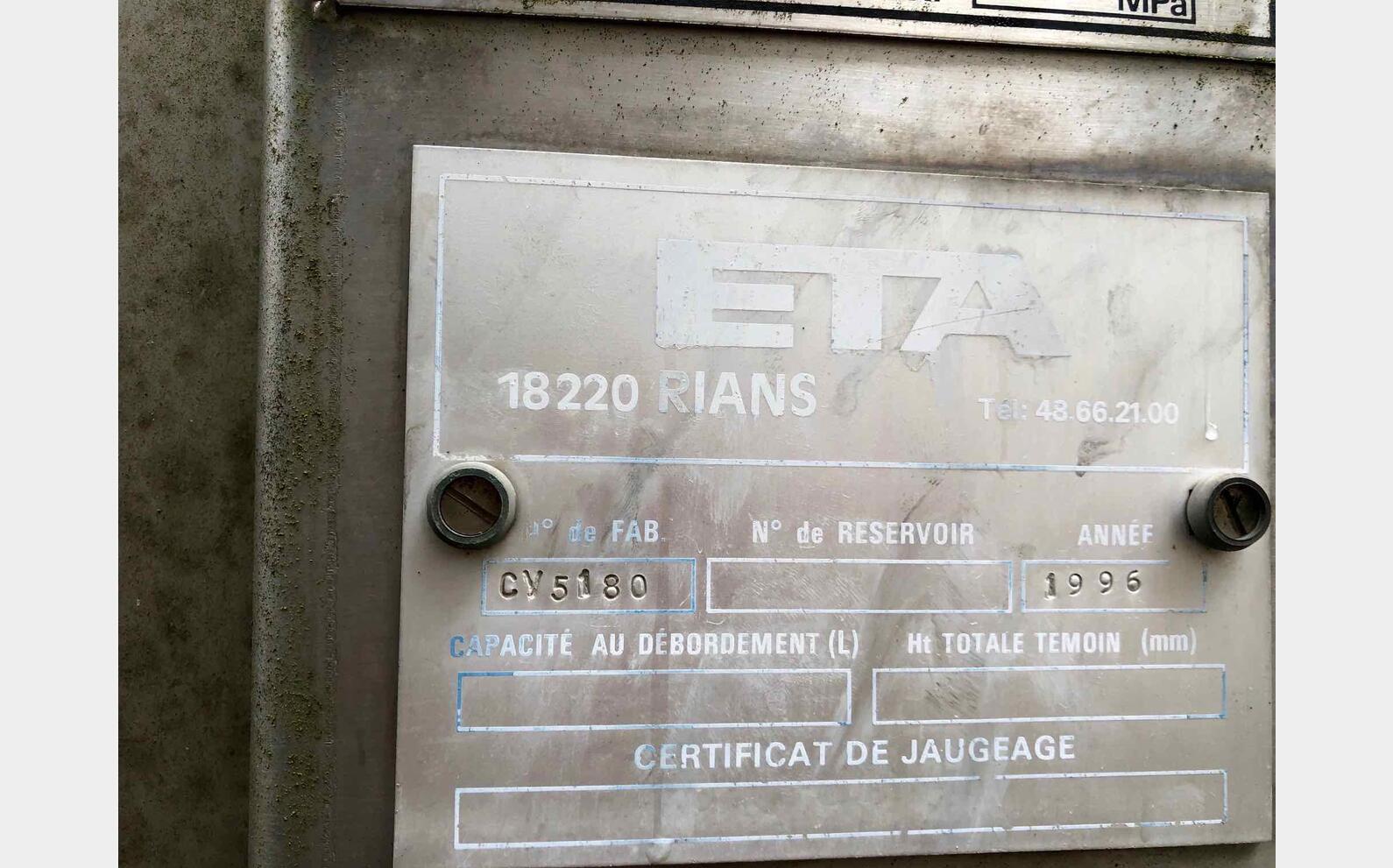 Cuve stockage inox 316L sur radier ETA