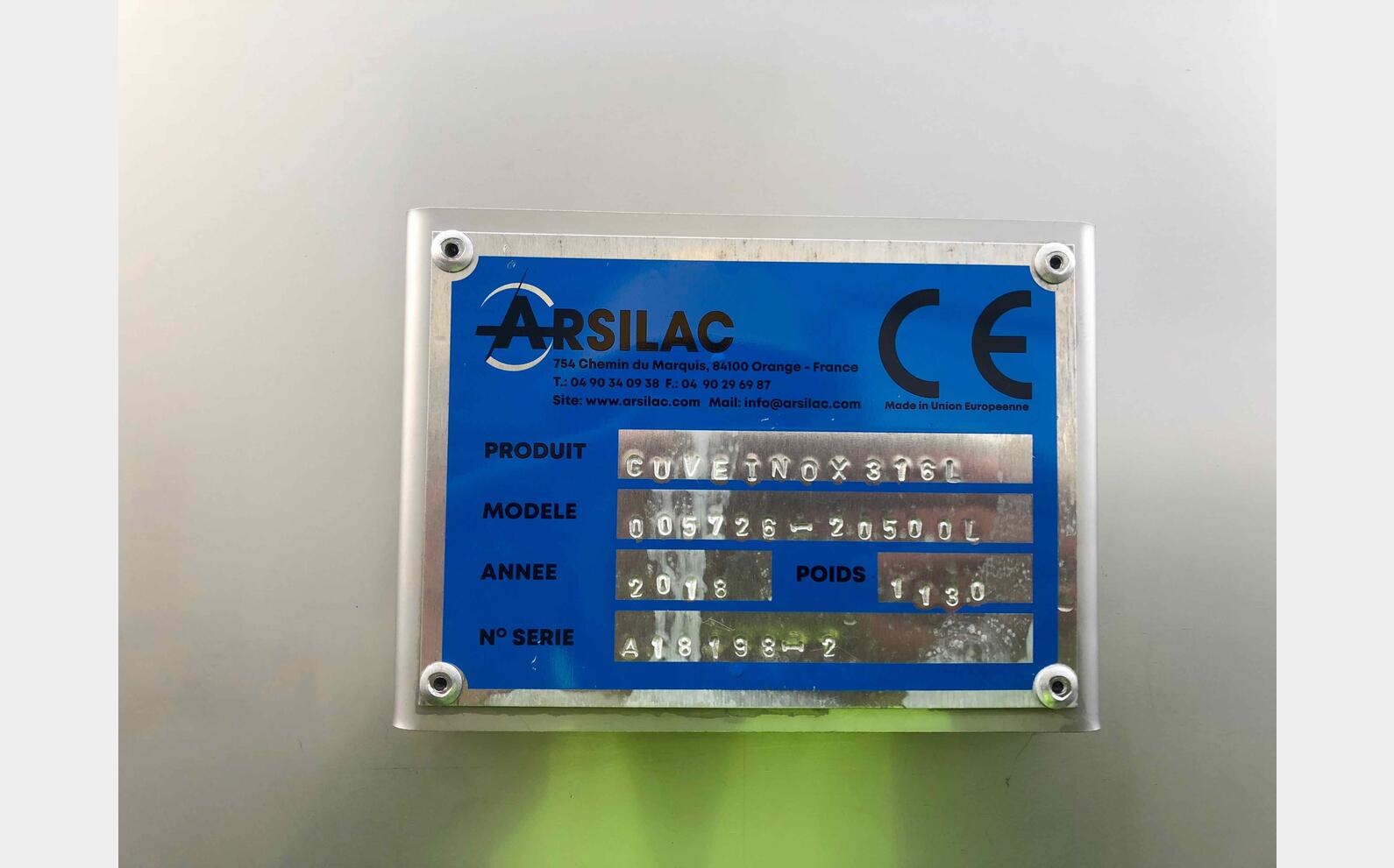 Cuve inox 316L - Stockage 205 HL (20500 Litres) ARSILAC