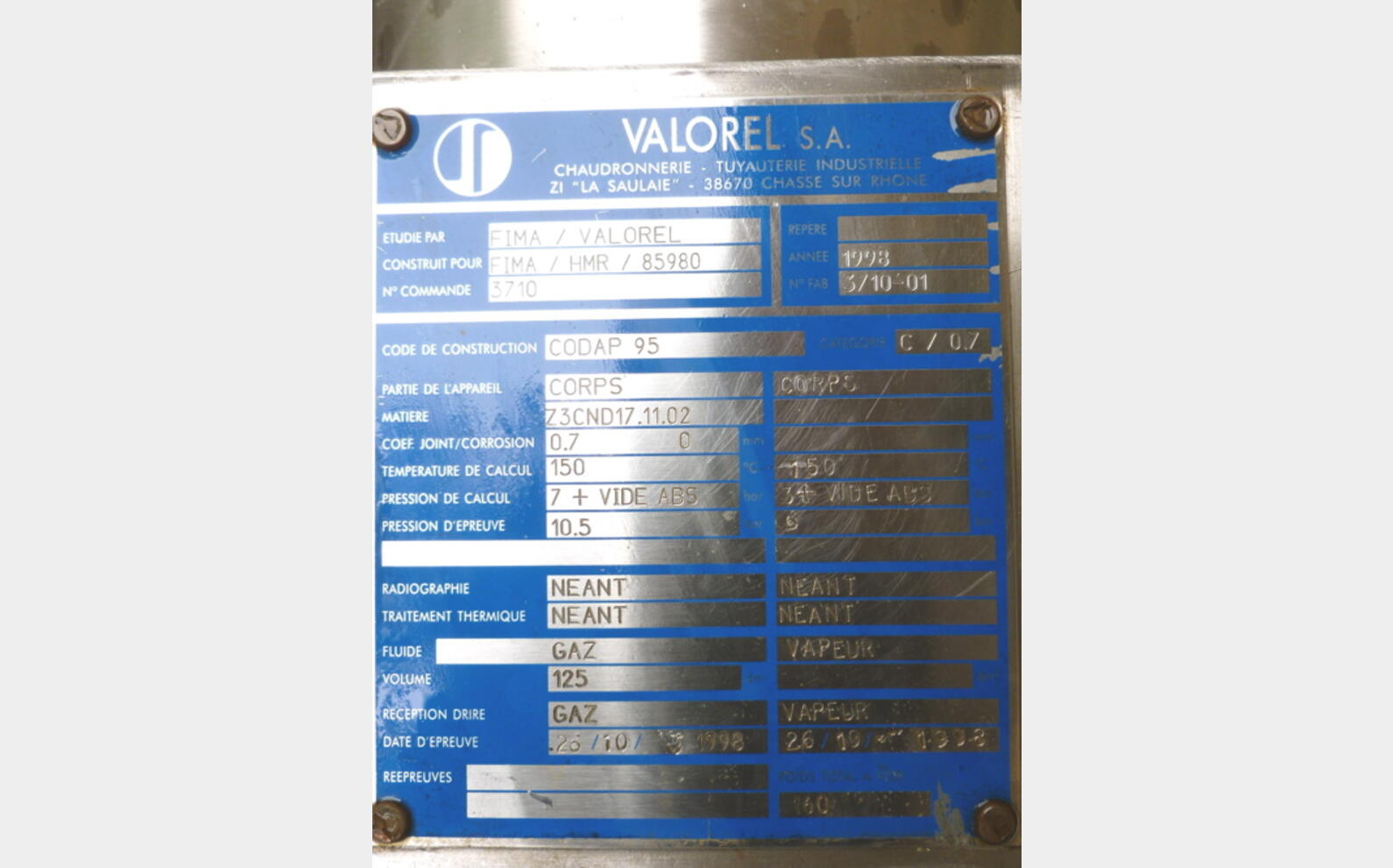 Filtre TMF INOX 316L Volume : 125 litres