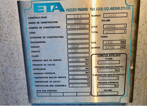 316L stainless steel tank - Isothermal 450 HL (45 000 litres) ETA