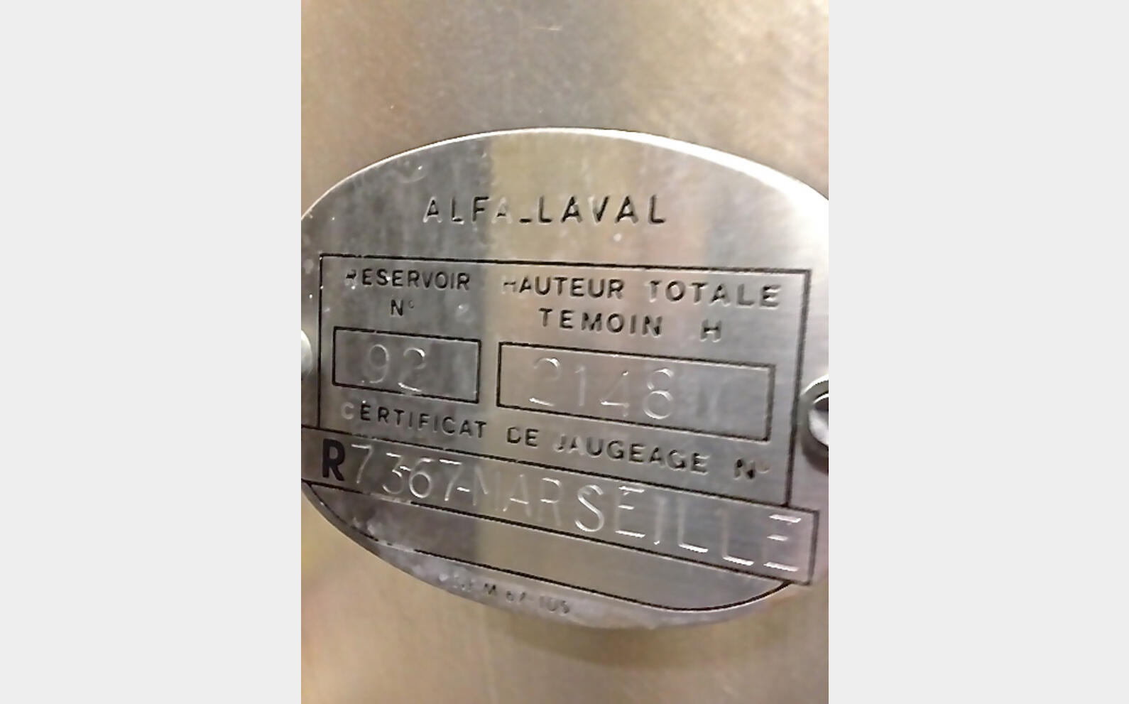 Cuve  INOX cylindrique horizontale Marque : ALFA LAVAL