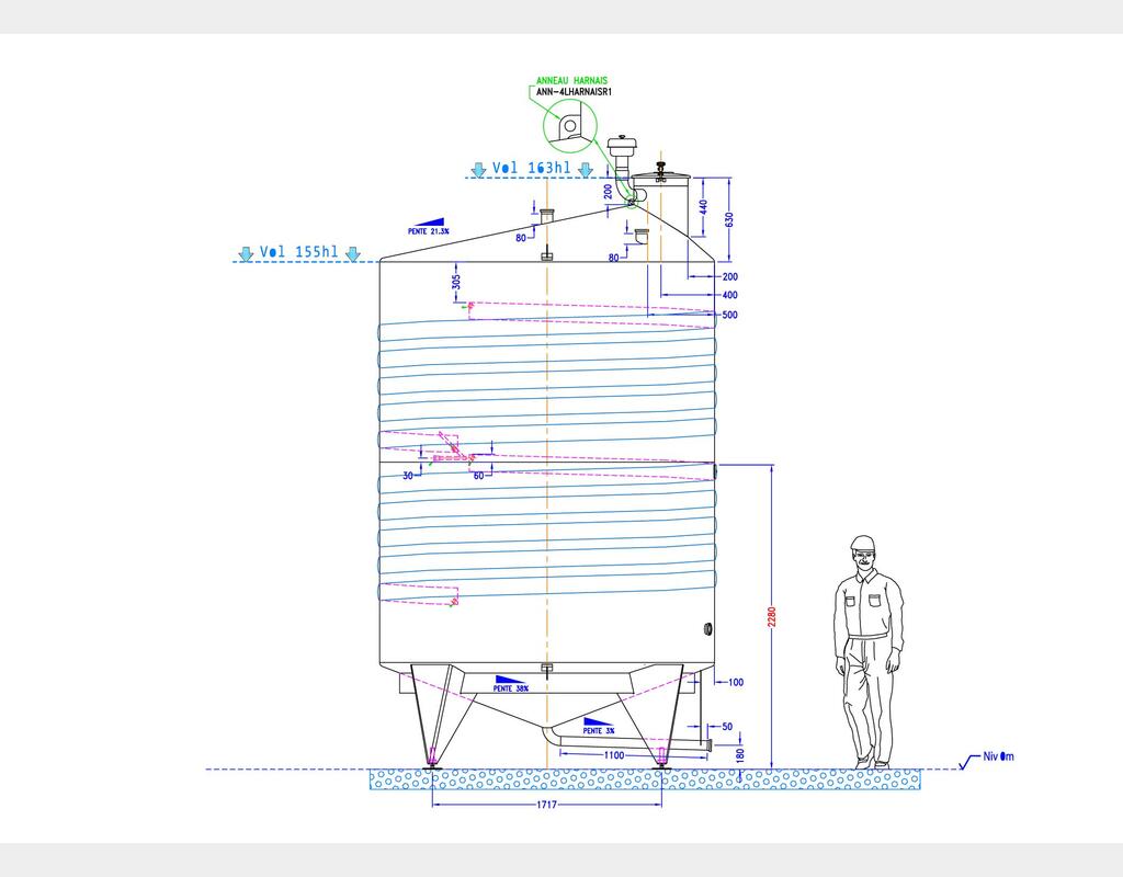 316L stainless steel storage tank - thermoregulated - Cylindrical - Off-centre conical dome