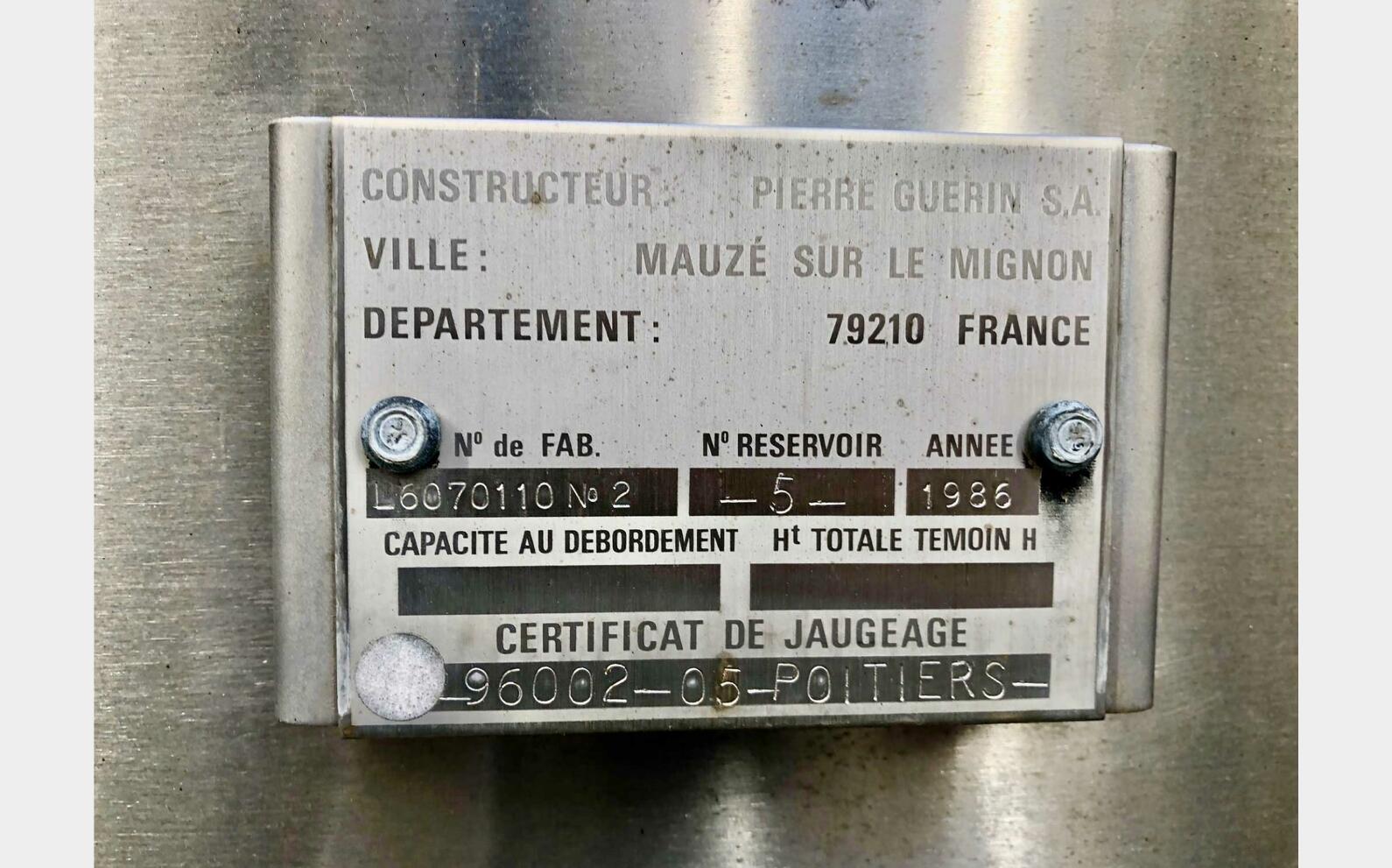 Stainless steel tank 316  1016 HL (101 600 liters) PIERRE GUERIN