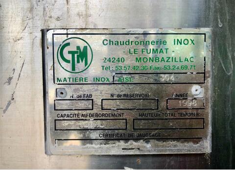 Cuve inox - Sur pieds 100 HL (10 000 litres) CTM