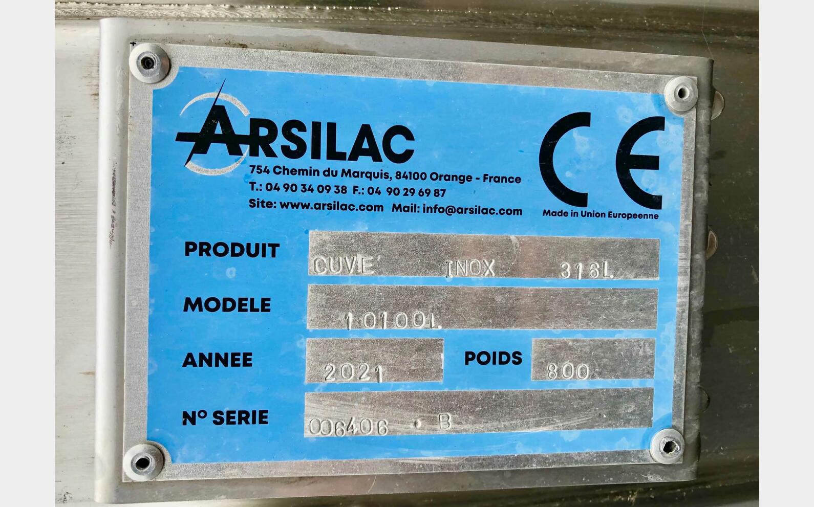 Cuve inox 316L 101 HL (10 100 litres) ARSILAC