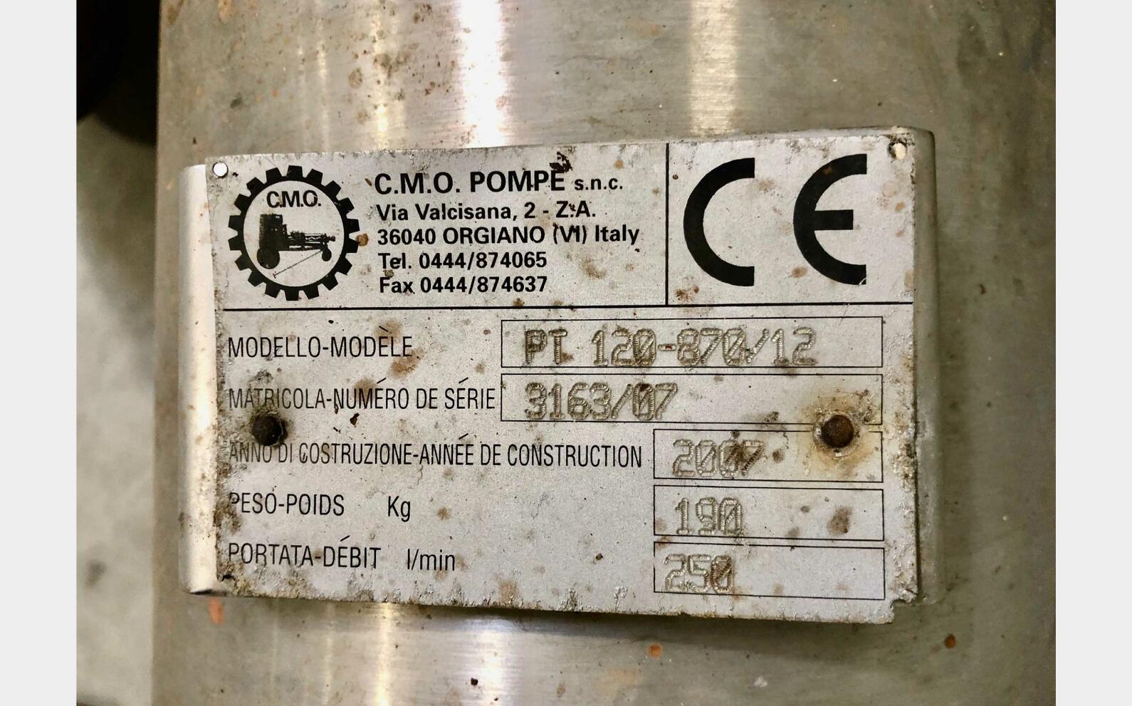 Grape harvesting pump 20 T/hour CMO