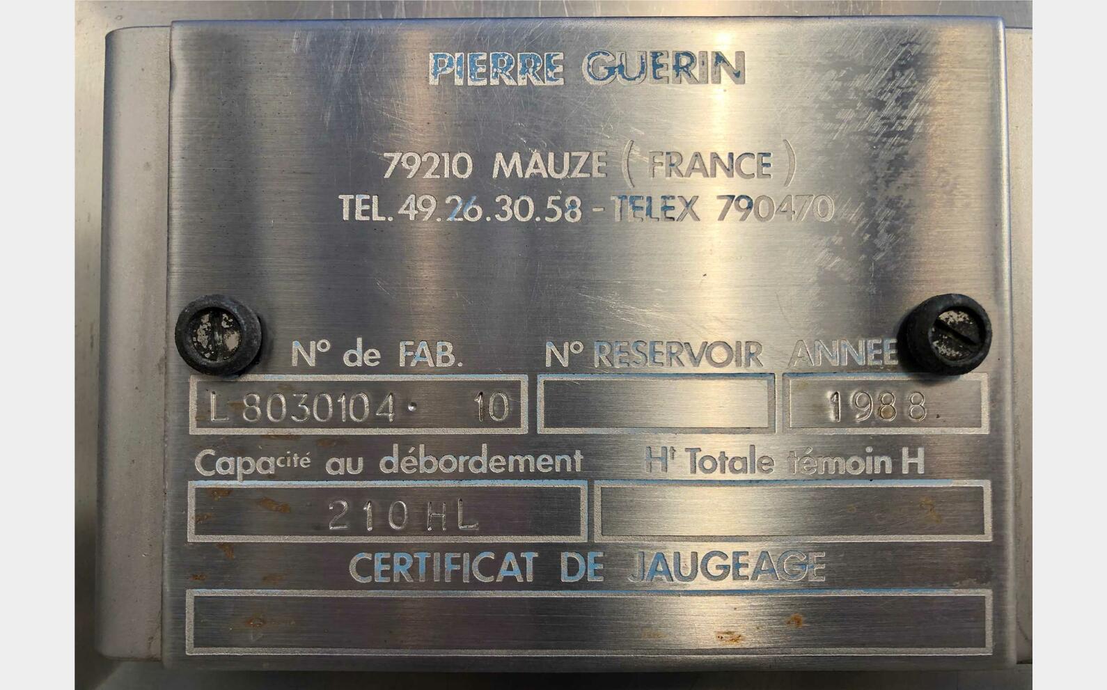 Stainless steel tank - Double wall 210 HL (21 000 litres) PIERRE GUERIN