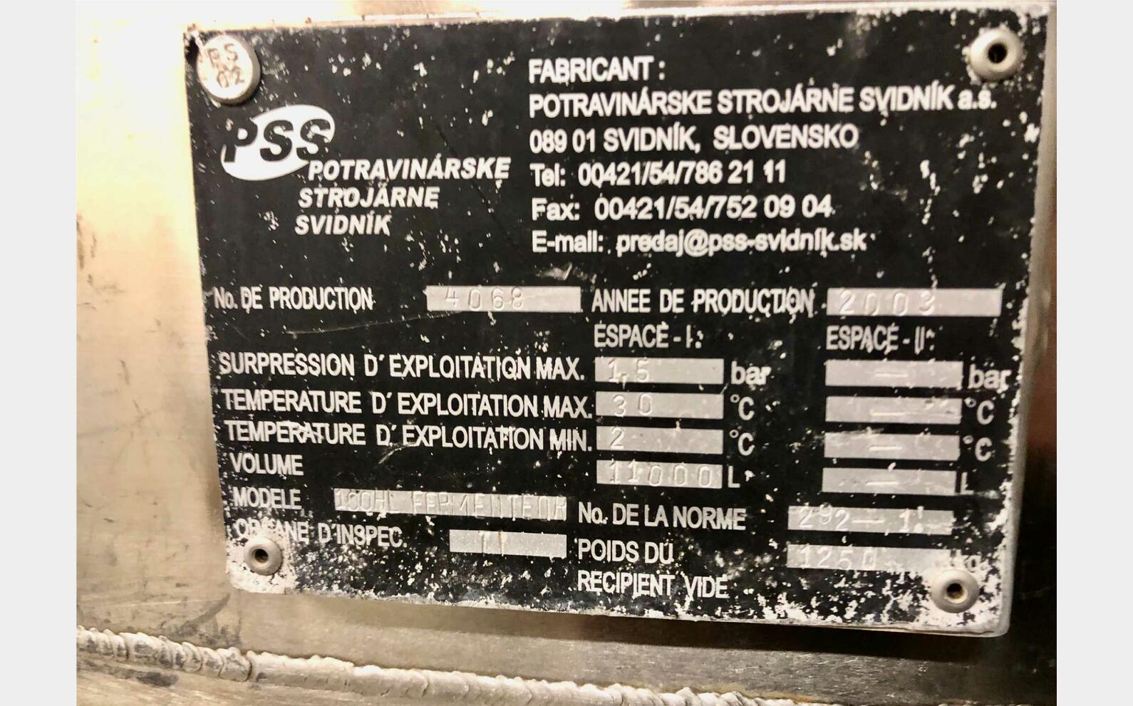 Stainless steel tank - Cylindro conical 110 HL (11 000 litres) PSS