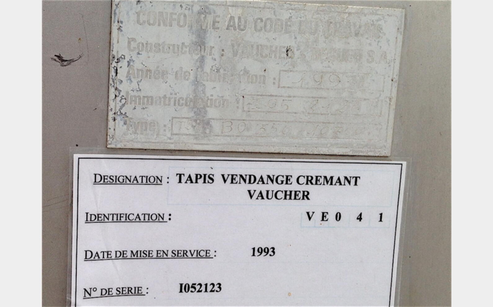 Tapis Transfert de vendange Type : BO 350/10700 Ann&eacute;e : 1993
