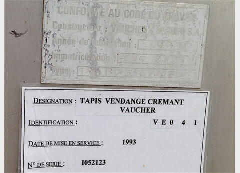Tapis Transfert de vendange Type : BO 350/10700 Ann&eacute;e : 1993
