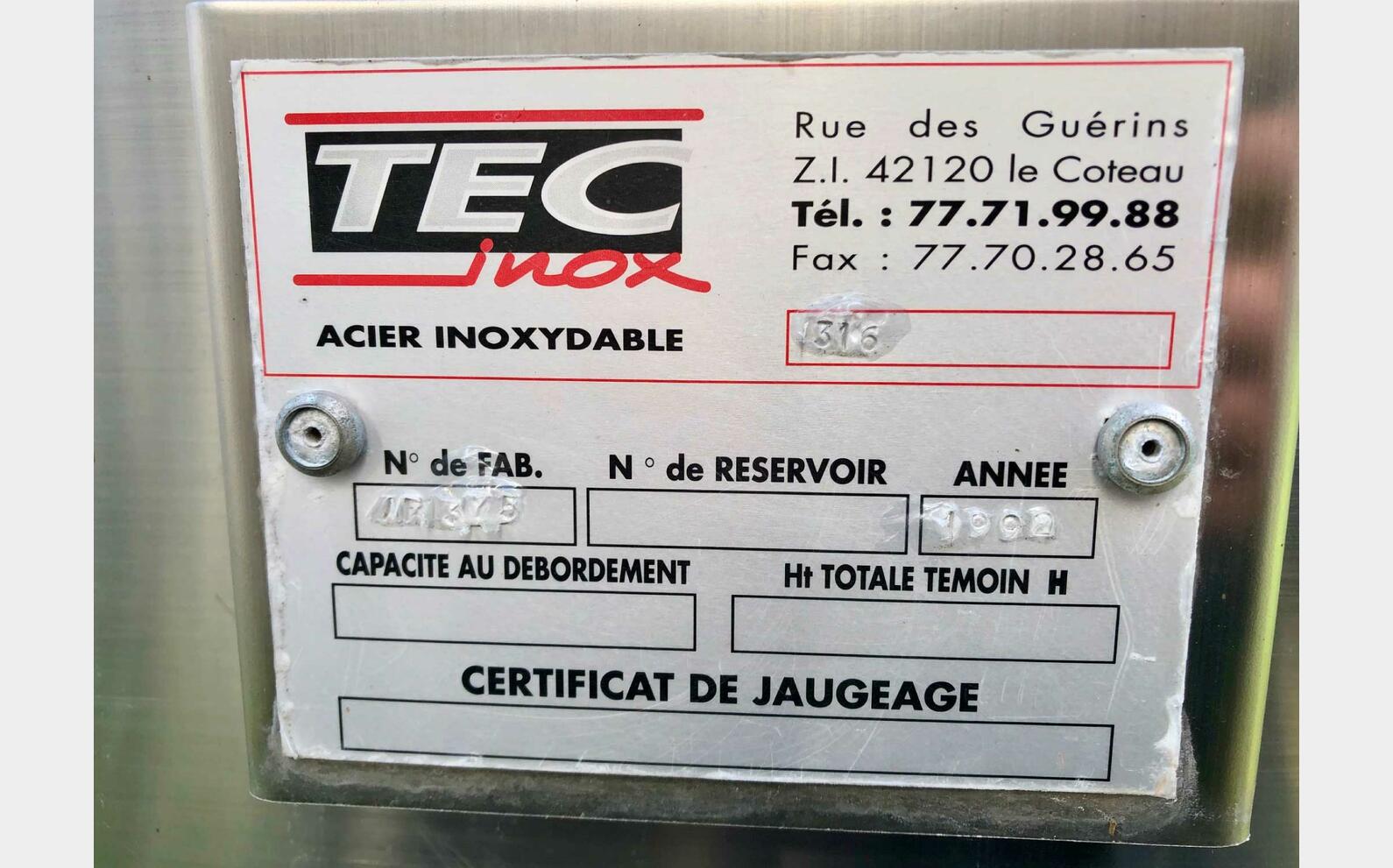 Cuve inox 304 - Sur pieds 375 HL (37 500 litres) TEC INOX