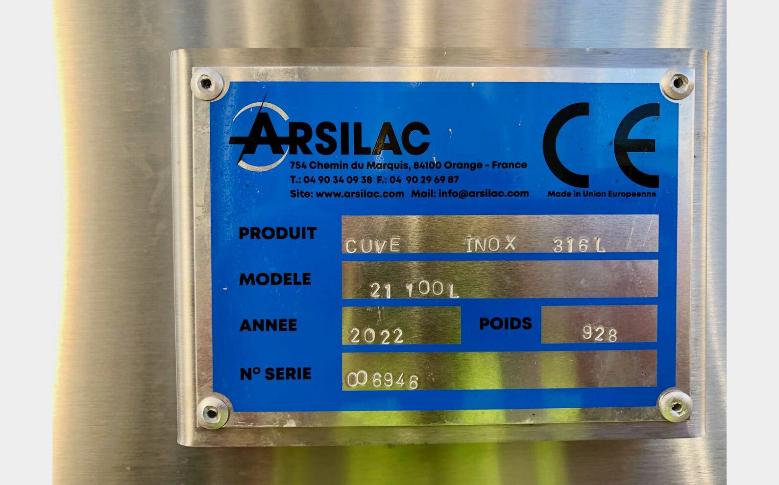 Cuve inox 316L fond conique sur pieds 211 HL (21 100 Litres) ARSILAC