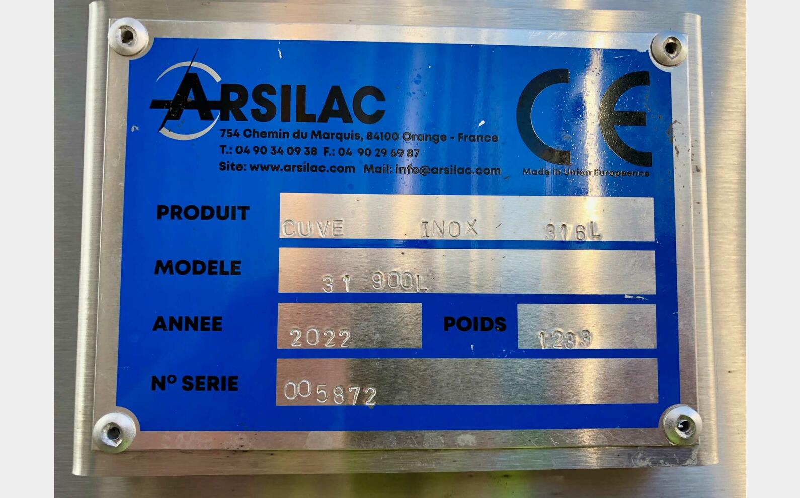 Cuve inox 316L - Fond conique 319 HL (31 900 litres) ARSILAC