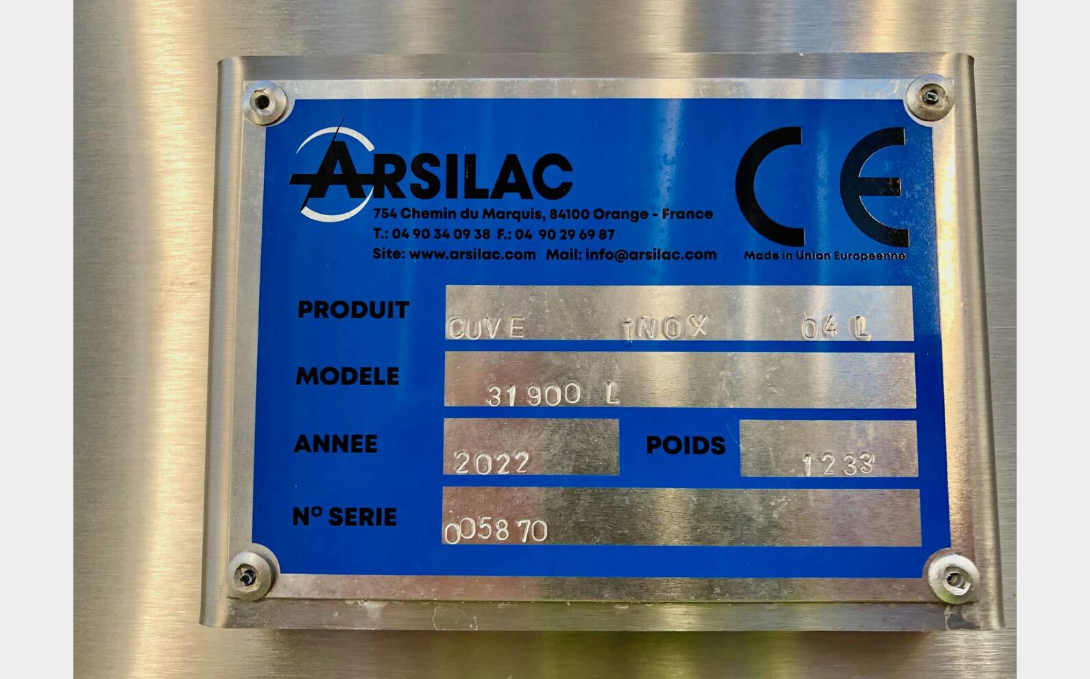 Cuve inox 304L - Fond conique inclin&eacute; 320 HL (32 000 Litres) ARSILAC