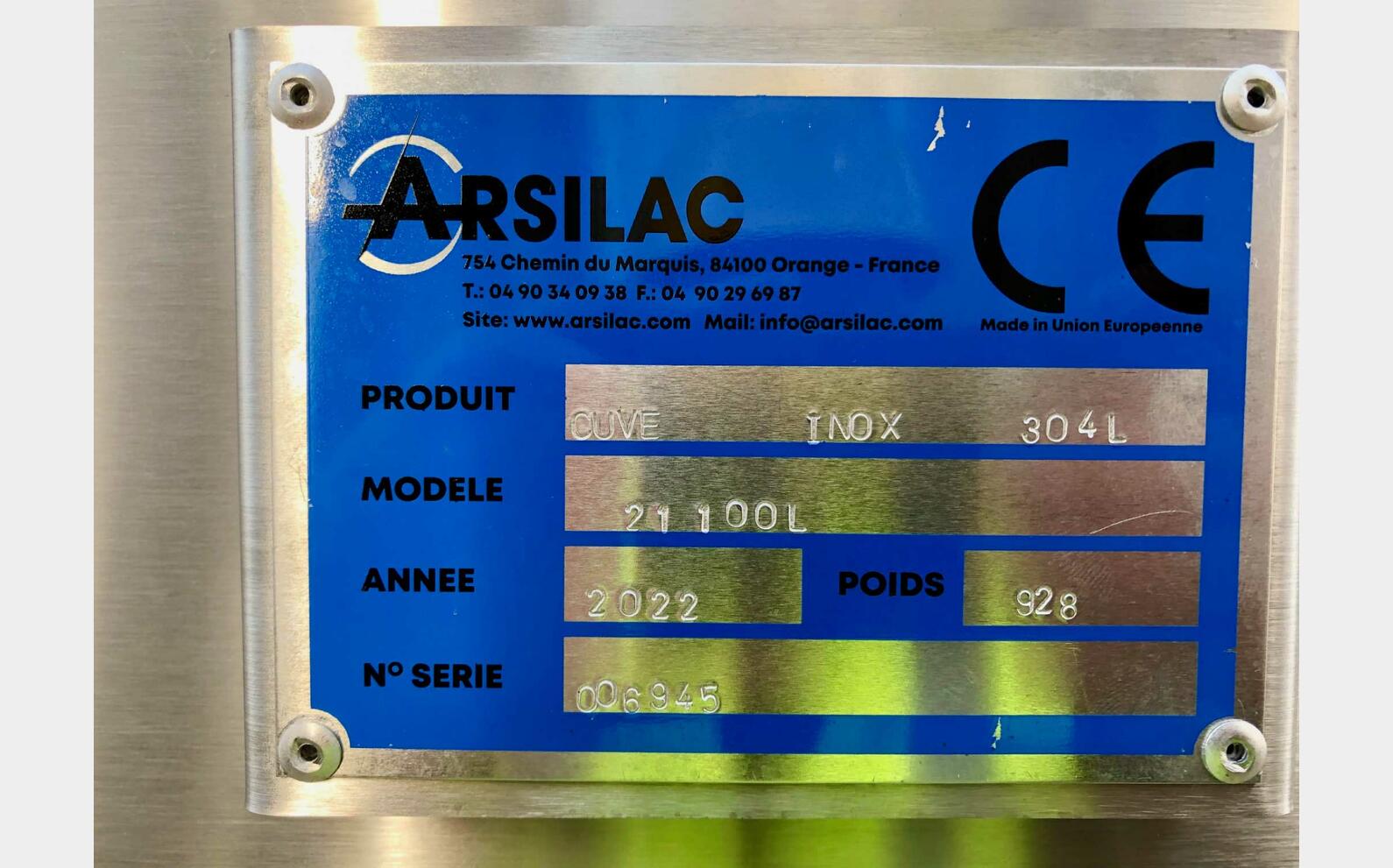Cuve inox 304 fond conique sur pieds 211 HL (21 100 Litres) ARSILAC