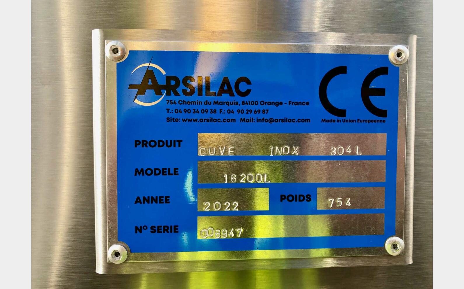 Stainless steel tank 304L 162 HL (16 200 liters) ARSILAC