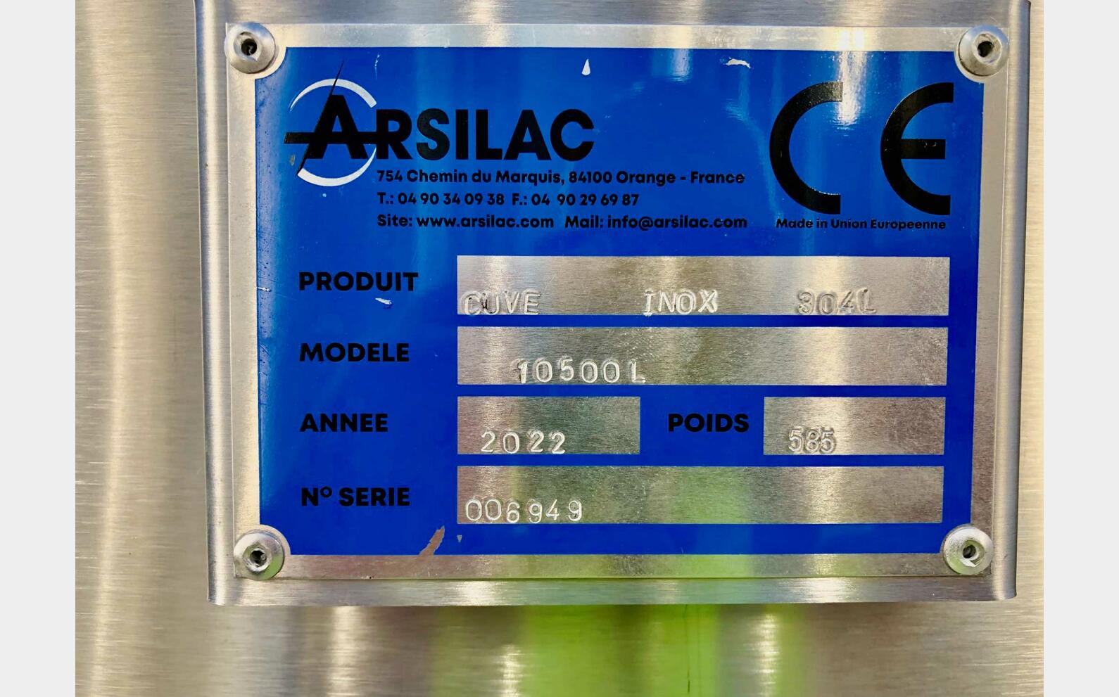 Cuve inox 304 - Fond conique inclin&eacute; 105 HL (10 500 Litres) ARSILAC
