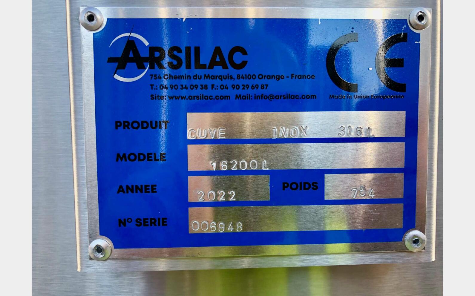 Cuve inox 316L 162 HL (16 200 litres) ARSILAC
