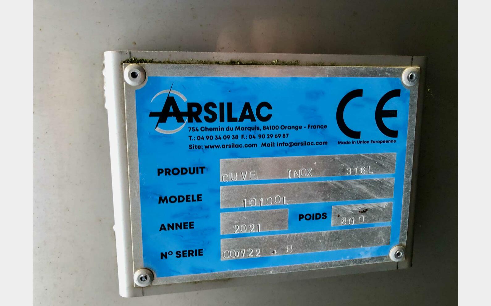 316L SS tank - Conical bottom 101 HL (10 100 liters) ARSILAC