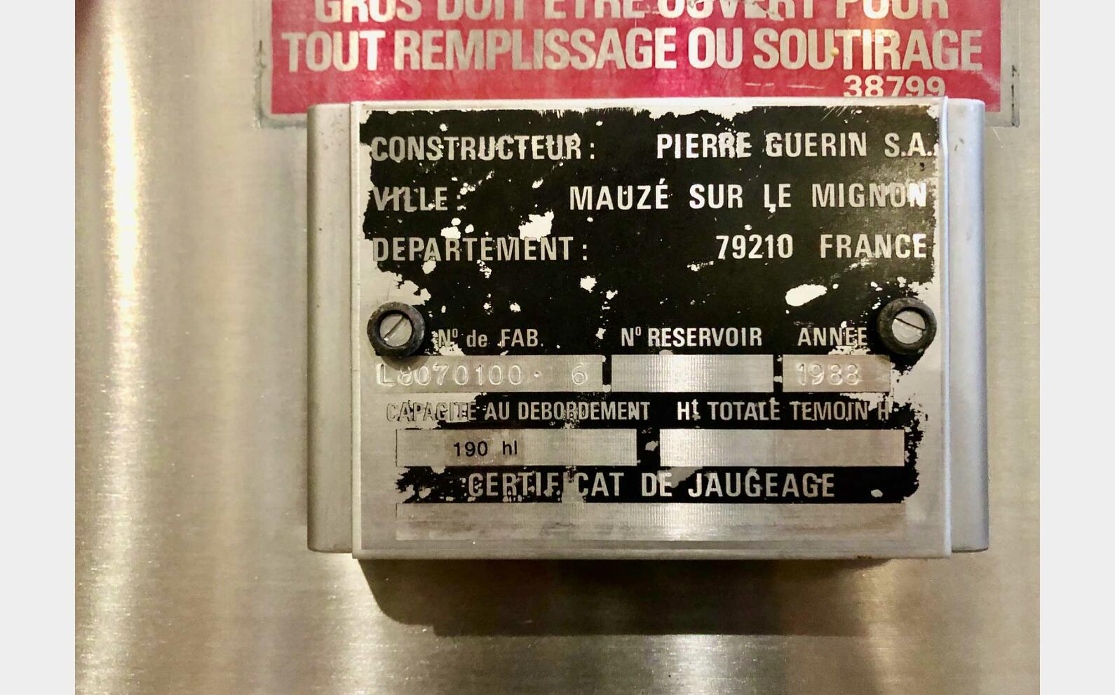 Cuve inox 304 - Thermor&eacute;gul&eacute;e 190 HL (19 000 litres) PIERRE GUERIN
