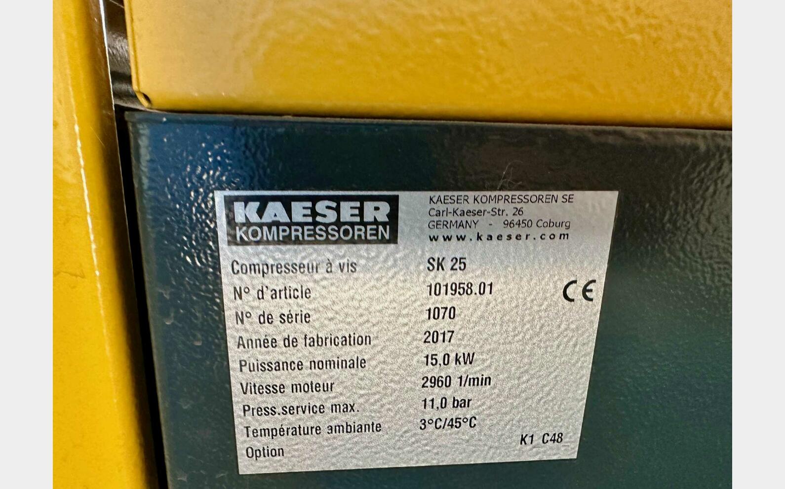 Compresseur &agrave; vis SK25 SIGMA 11 bars - 15 kw KAESER