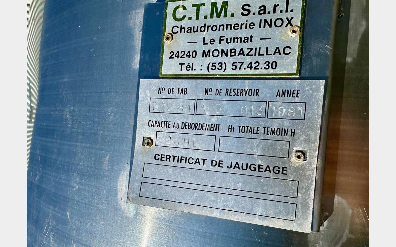 Cuve inox - Sur pieds 26 HL (2 600 litres) CTM
