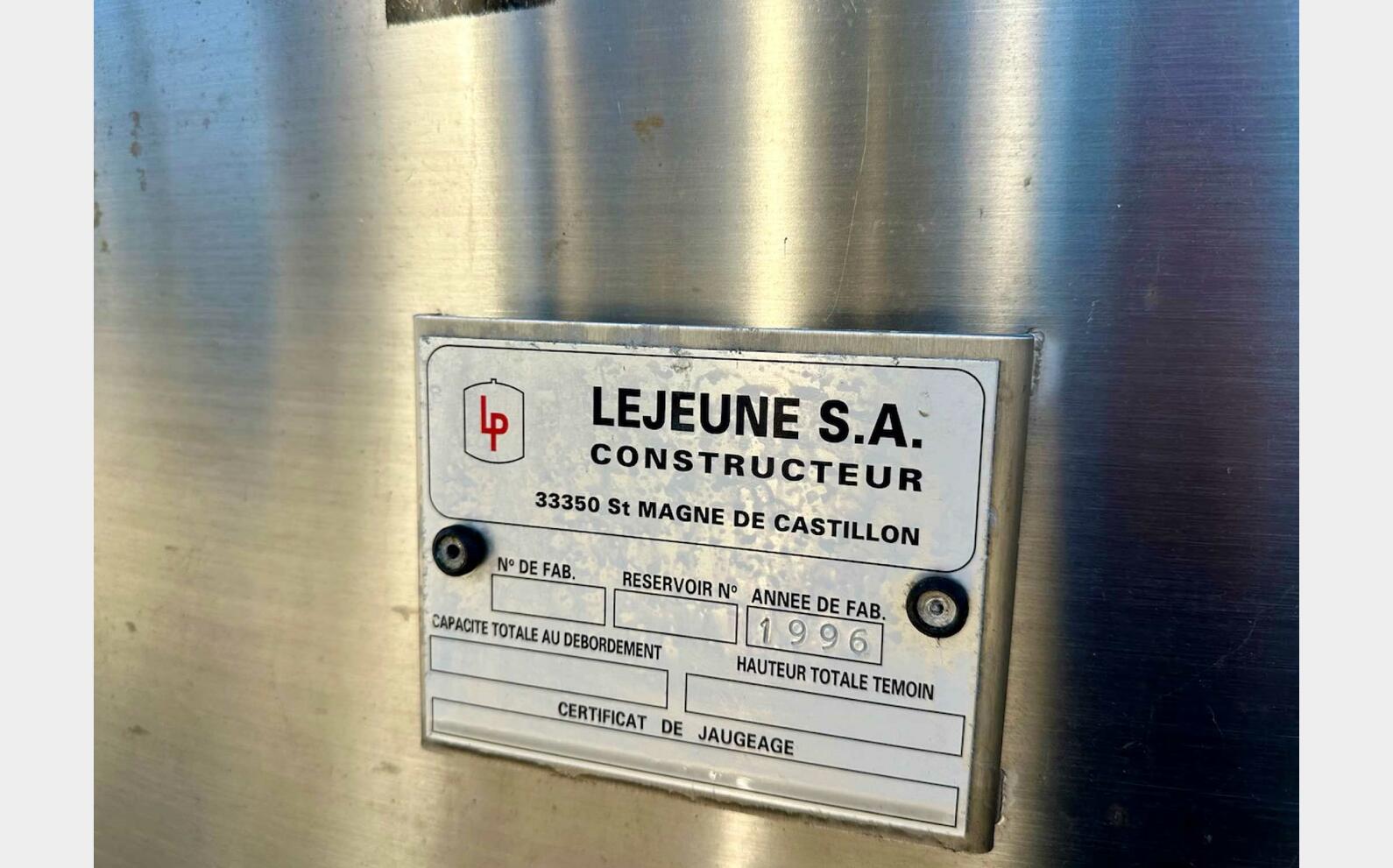Cuve inox - Fond conique 150 HL (15 000 litres) LEJEUNE