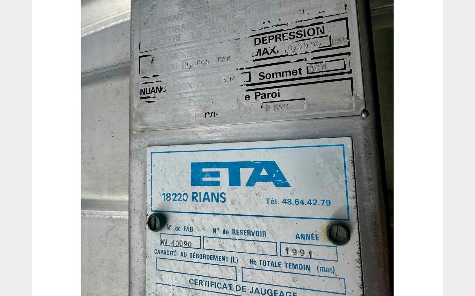 Stainless steel tank - Shell circuit 139 HL (13 900 litres) ETA
