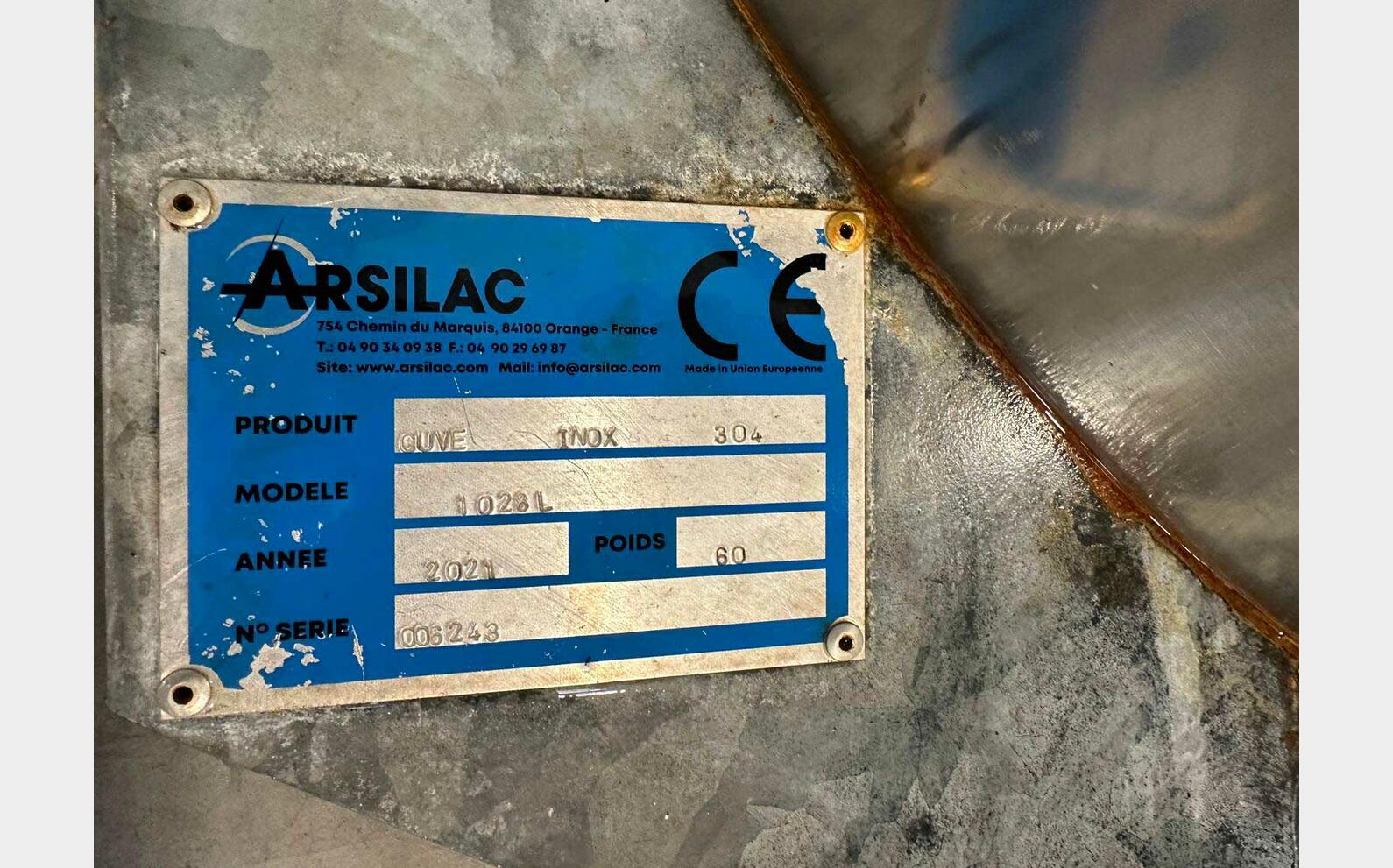 Open 304 stainless steel tank on a transportable frame 10.28 HL (1,028 litres) ARSILAC