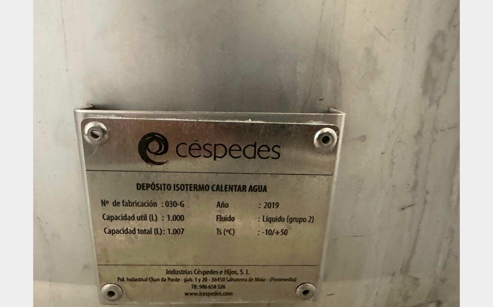 Cuve inox 304 isol&eacute;e et thermor&eacute;gul&eacute;e 10 HL (1 000 litres) CESPEDES